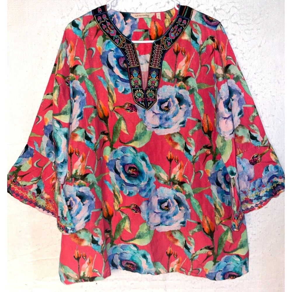 Soft Surroundings Tunic Top 1X Hidden Villa Embroidered Exotic Linen Floral